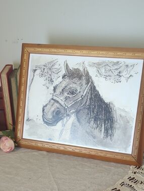 Framed Equestrian Horse Art Print, Neutral Rustic Study Vintage Style Wood Frame